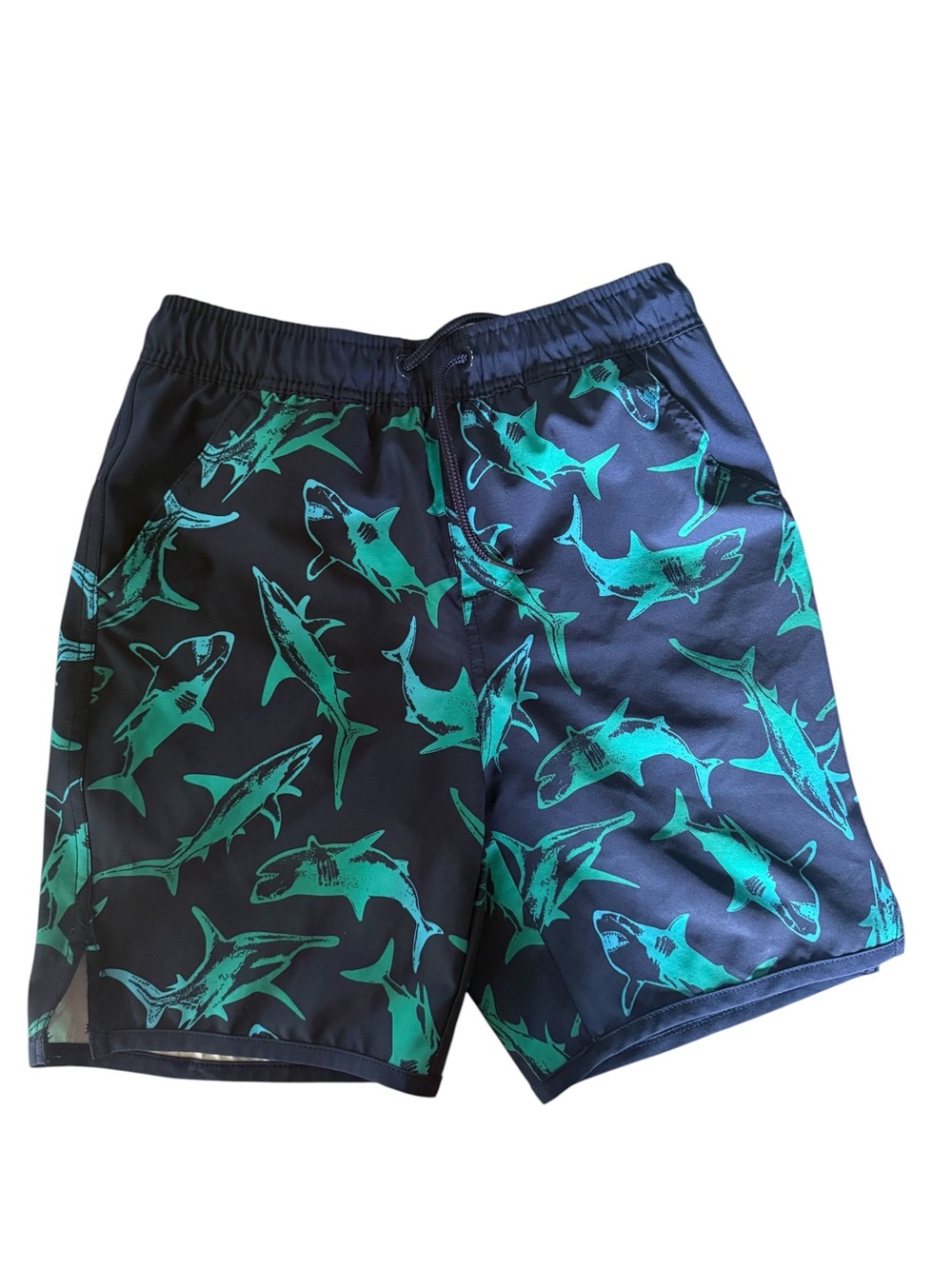 Boys Lands’ End Shark Swim Trunks Size M 8 Navy Blue Green Board Shorts